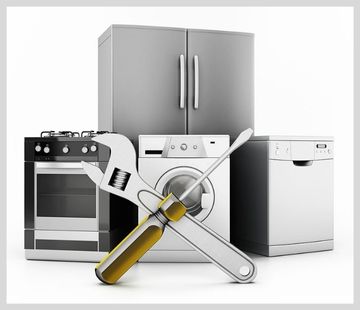 A picture of stoves, washers, dryers and fridge and tools