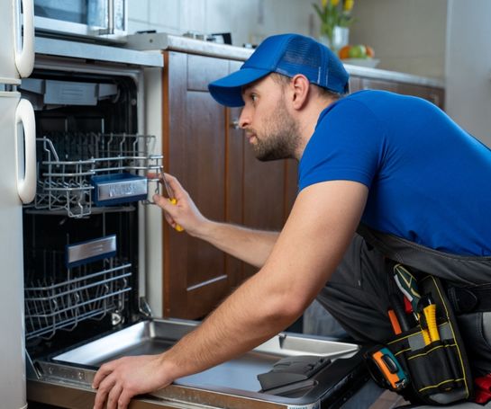 A skilled technician is repairing a dishwasher